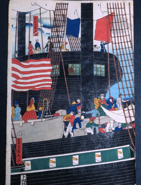 A print by Sadahide from a series published in 1860, showing foreign vessels off Yokohama
