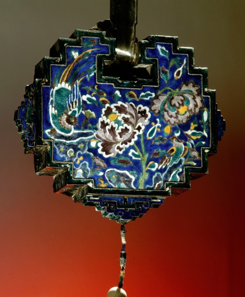 Detail of the reverse side of a pendant from a presentation necklace with enamelled flower design