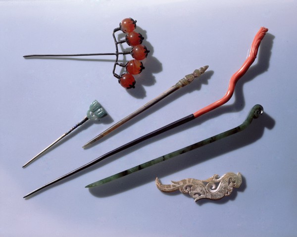 Coral and jade hairpins