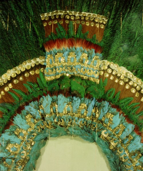 A detail of the gold and featherwork headdress given by Montezuma to Cortes as a gift for his sovereign
