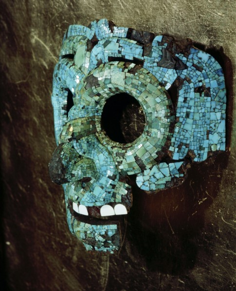 Turquoise and shell encrusted mask of Quetzalcoatl, the Feathered Serpent