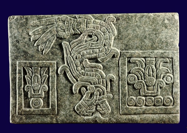 Relief showing the Feathered Serpent, major symbol of Quetzalcoatl, descending between two symbols of years