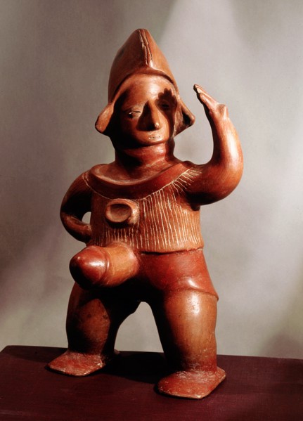 Standing ithyphallic figure, wearing a hat and shirt