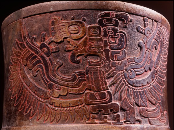 Tripod vase probably depicting the bird deity Vucub Caquix, or Seven Parrot (or Macaw)