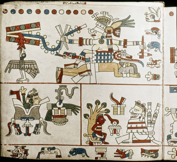 Detail from a panel of the Codex Laud, a divinatory almanac, part of which depicts the four stages of a womans life as shown by the witch goddess