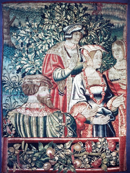 Fragment of a larger tapestry depicting a group of men and women with an oak tree