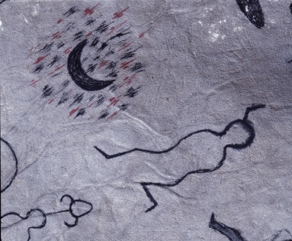 Detail of a Plains Indian hide painting, including a crescent moon