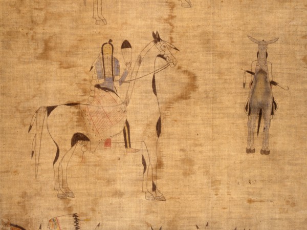 A cloth painting depicting a parade, a Sun Dance ceremony and scenes from daily life