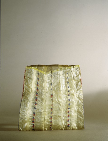 Storage bag made from strips of walrus intestine decorated with coloured pieces of cloth obtained from Russian traders