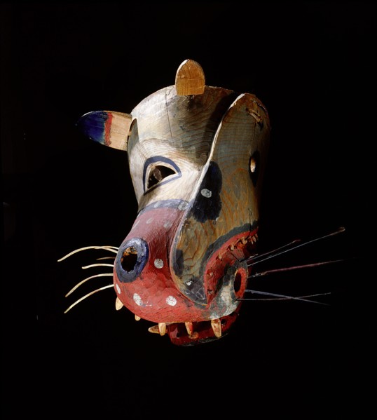 Polychrome mask in the form of a stylized representation of an animal head