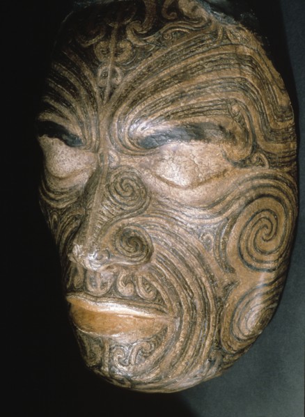 Life mask taken in 1854 for Sir George Grey of Chief Tapua Te Whanoa of the Ngati Whakaue hapu of the Rotorua region, showing the full facial moko design produced with a small bone adze dipped in liqu...