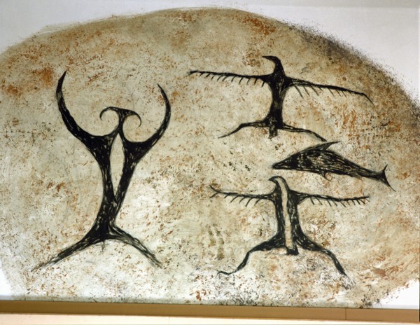 A reconstruction of an early Maori rock drawing, from a limestone shelter, of a fish with several bird like figures