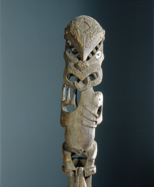 An ancestor of the Tuwharetoa people depicted on the gable finial, tekoteko, of a chiefs storehouse