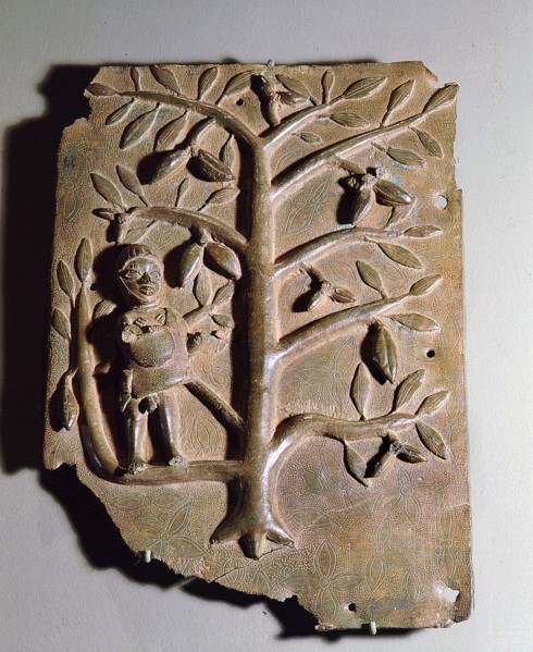 A plaque depicting a servant collecting fruit, one of many which decorated the palace of the Oba of Benin