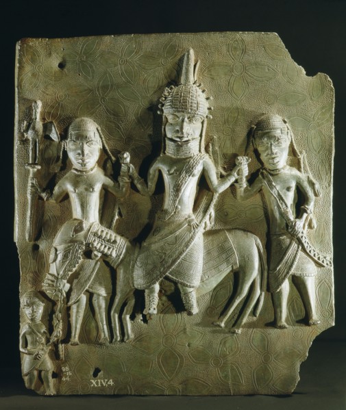 Benin brass plaque from the palace, depicting an Oba on horseback supported by two retainers