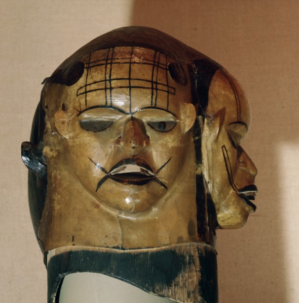 A janiform mask used in the Ekpo (ancestor spirit) secret society which formerly exercised governmental functions among the Ekoi