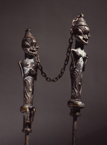 Paired brass staffs, known as edan ogboni which served as insignia for the senior men and women of the Ogboni society