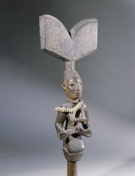 A staff used by devotees of Shango the Yoruba orisha of thunder and lightning, carried in dances when possessed by the deity
