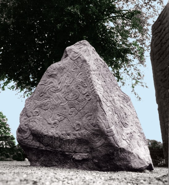 The Jelling stone was erected by King Harald Bluetooth, the first Christian king of Denmark, in memory of his parents
