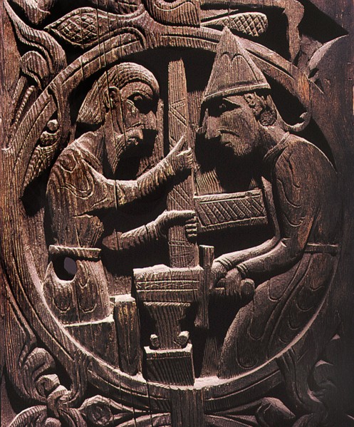 Stave church carving with a scene from the story of Sigurd