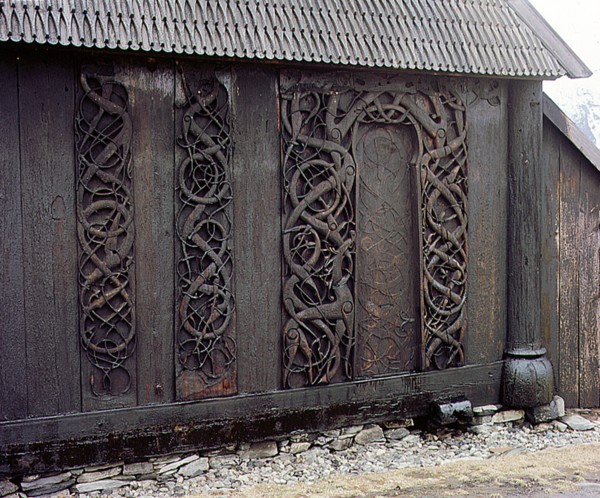 Carving on the  side  of  the  stave church  at  Urnes