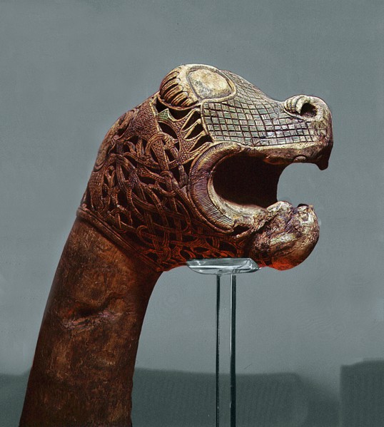 Carved dragon head post from the ship burial at Oseberg