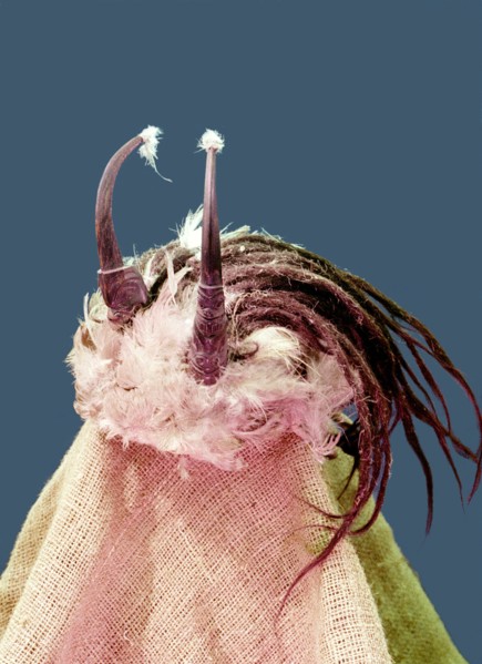 Shamans headdress (known as shamans hair) made of birds skin, human hair and goats horns with carved design
