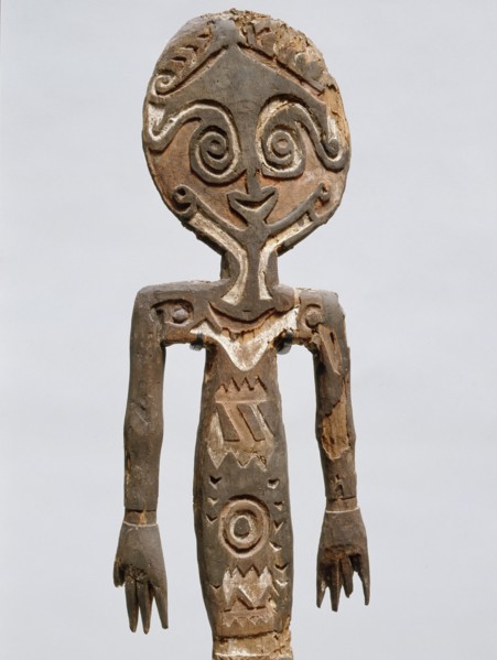 Painted two dimensional female figure incised on bark, from the Papuan Gulf area