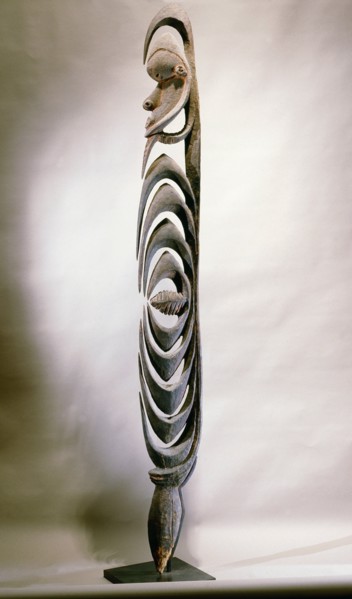 Stylised figure of spirit, known as Yipwon, that assists men Yimar with hunting and head hunting, kept in the mens house and hidden from women and uninitiated