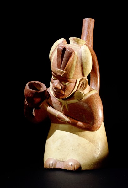 Stirrup spouted Mochica portrait jar depicting a noble pouring out water or chicha beer, probably as a libation associated with fertility rituals