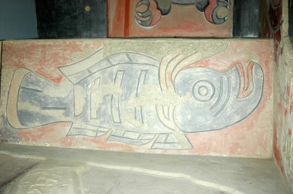 Polychrome mural depicting a fish creature, one of several animal murals which were used as decoration at the main temple of Cerro Sechin