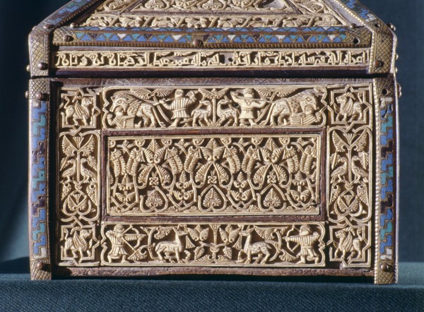 Detail of a casket of wood with gilded leather and ivory plaques