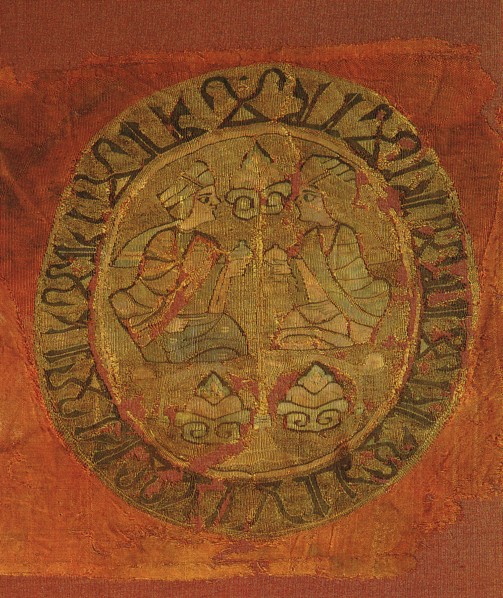 A detail of a silk hanging from the tomb of Bishop Gurb in the Cathedral of Barcelona