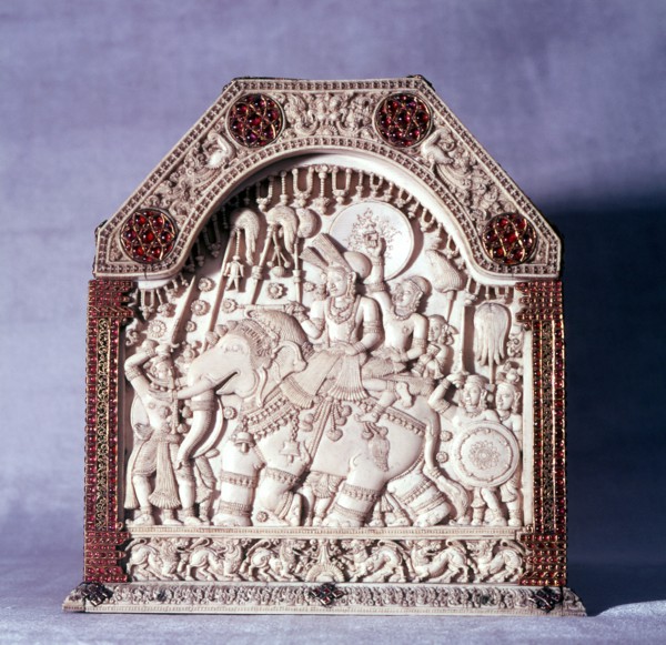 One side of a casket decorated with gold and rubies