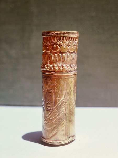 Ornamented gold cylinder, possibly a sheath for holding papyrus, from the tomb of the Kushite king Aspelta near Napata