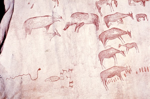 Rock painting from Tanzania, produced since the Later Stone Age, probably by the ancestors of Sandawe hunter gatherers still living in the region