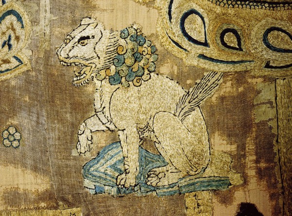 Detail of an embroidered silk banner of the Buddha Sakyamuni preaching on Vulture Peak