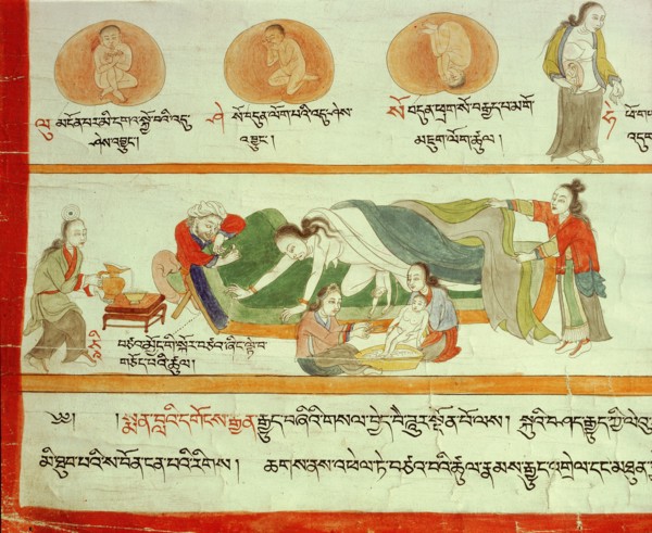 A detail of a medical thangka from a version of the commentary on the ancient Four Tantras, the fundamental treatise of Tibetan medicine