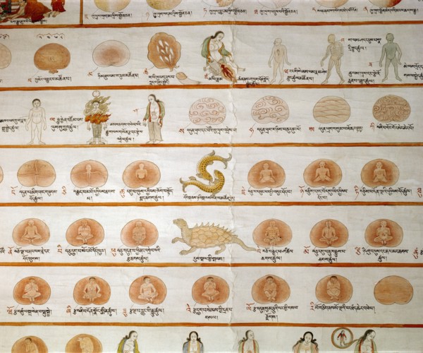 A detail of a medical thangka from a version of the commentary on the ancient Four Tantras, the fundamental treatise of Tibetan medicine