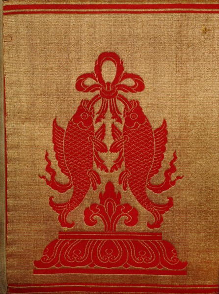 Sino Tibetan silk and gold brocade altar cloth depicting eight auspicious emblems interspersed by puja devis (offering goddesses) who offer gifts to the five Dhyani Buddhas, or Buddhas of meditation