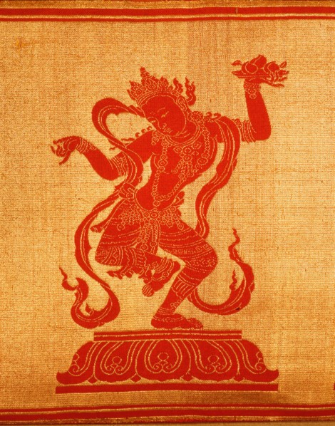 Sino Tibetan silk and gold brocade altar cloth depicting eight auspicious emblems interspersed by puja devis (offering goddesses) who offer gifts to the five Dhyani Buddhas, or Buddhas of meditation