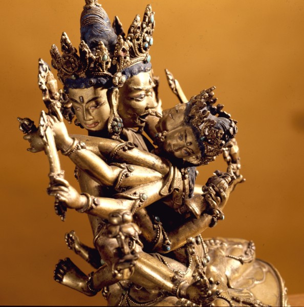 A yab yum icon of Yi dam in Sang dui form with his prajna, the Tibetan Sakti