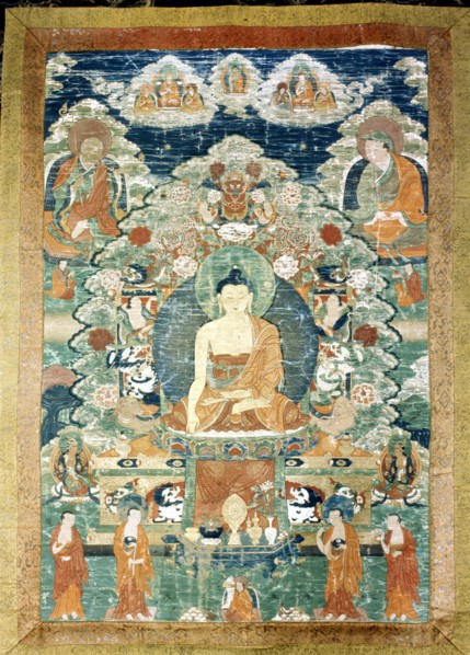 Thang Ka (sacred temple banner), used as an aid for meditation, with depiction of Buddha in the middle