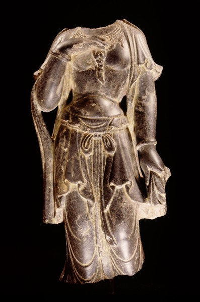 Bodhisattva torso carved in black stone