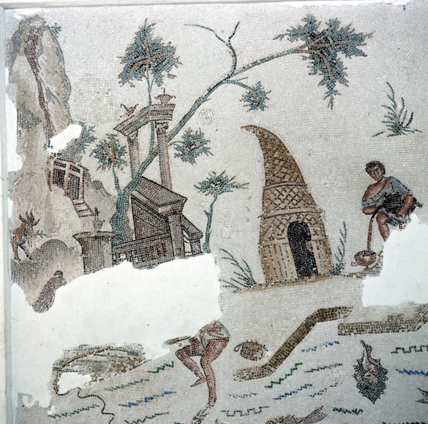 Part of a mosaic pavement depicting fishing in a large lake full of many kinds of fish: on the banks an African hut, together with fragments of classical architecture