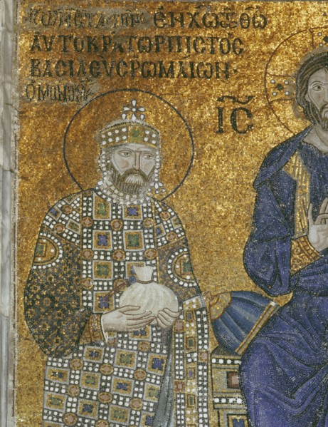 A detail of a mosaic in the Hagia Sophia in Istanbul showing Emperor Constantine IX Monomachus in imperial regalia
