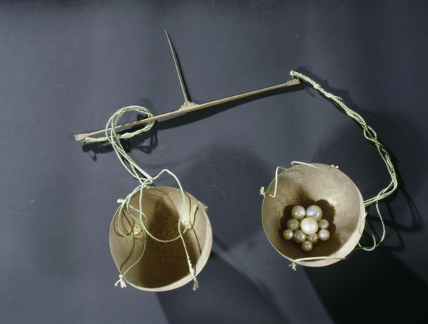 Brass scales used for weighing pearls at the al Fardan jewellers
