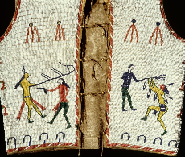 Beadwork decoration on a sleeveless jacket showing fighting between Indians and white men