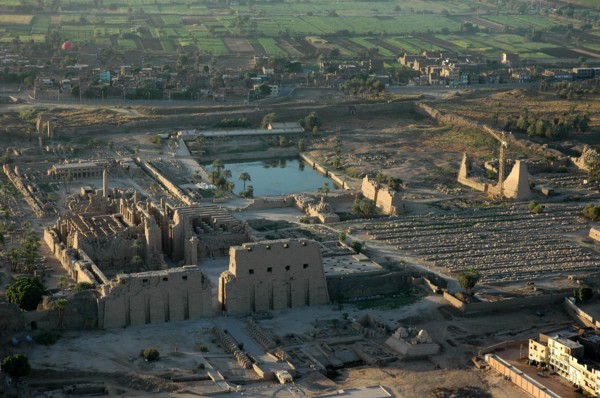 Aerial view of Karnak showing the 1st Pylon and the Great Hypostyle Hall in the foreground, the sacred lake in the background and the 8th and 9th Pylons to the right
