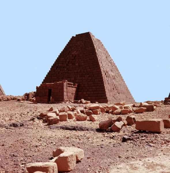 The pyramids of the Meroitic kings and queens in the north cemetery Meroe built on a ridge overlooking the ruined city